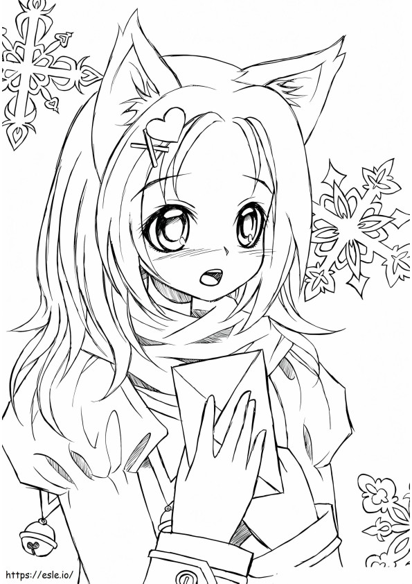 Página para colorir da garota lobo Kawaii para colorir