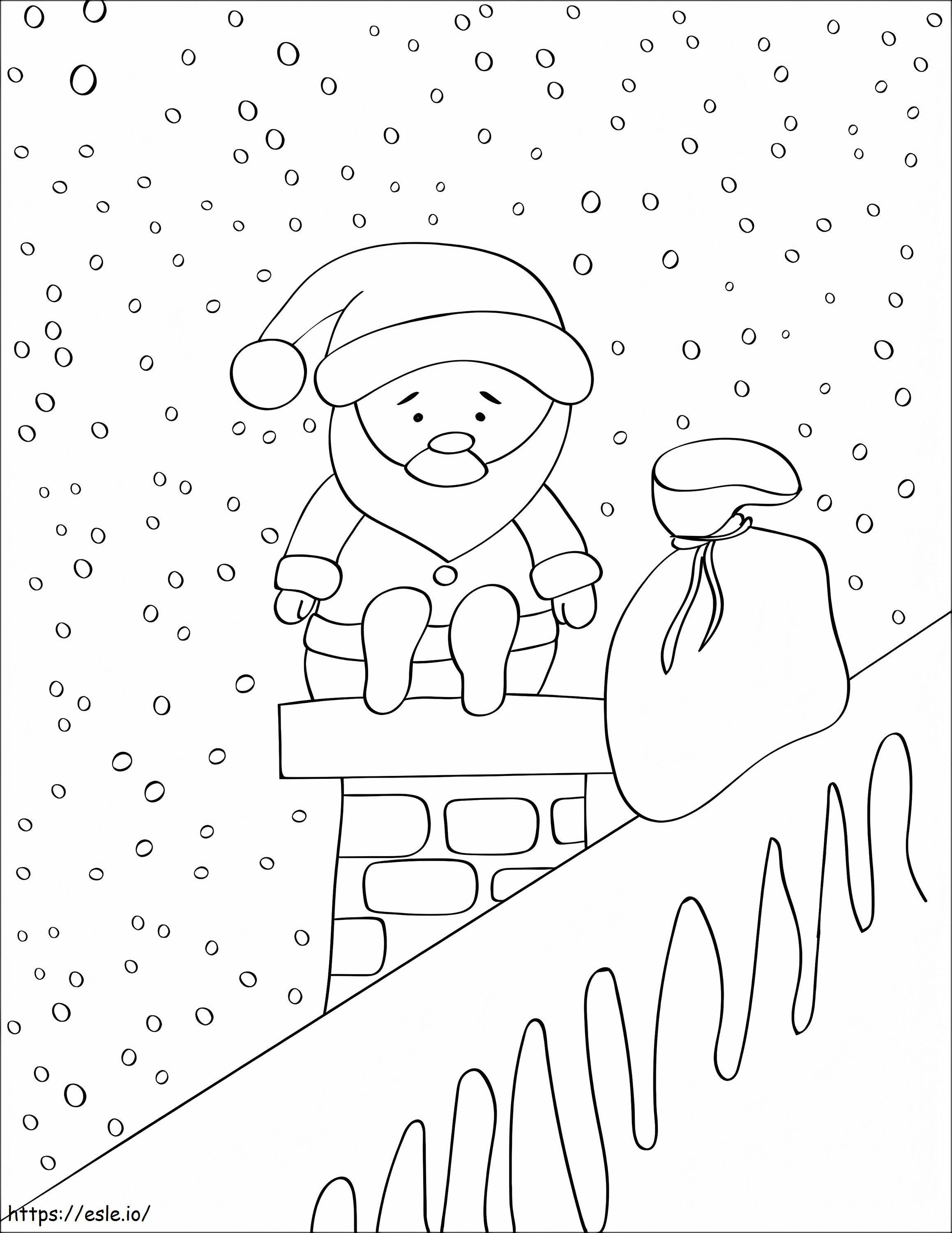 Santa Sitting On The Roof Of A House coloring page