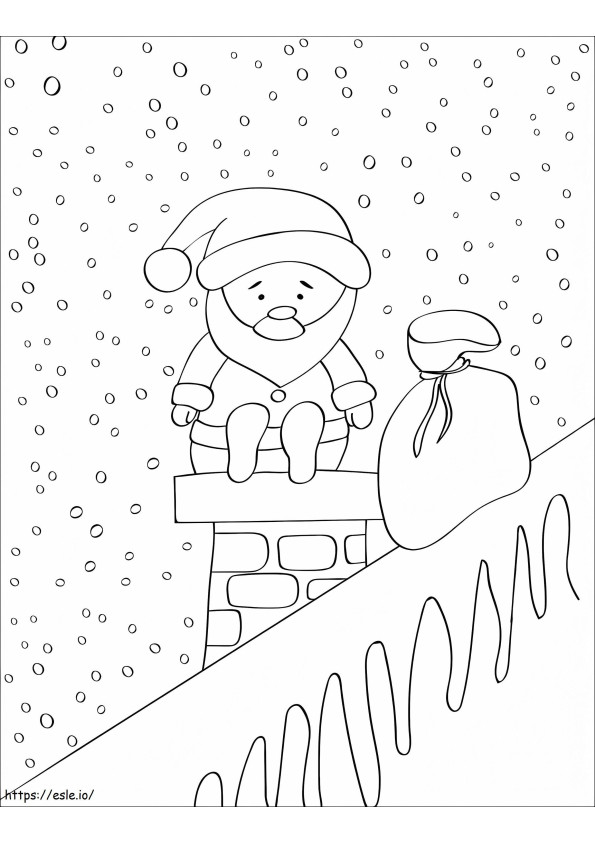 Coloriage Père Noël assis sur le toit d'une maison à imprimer dessin