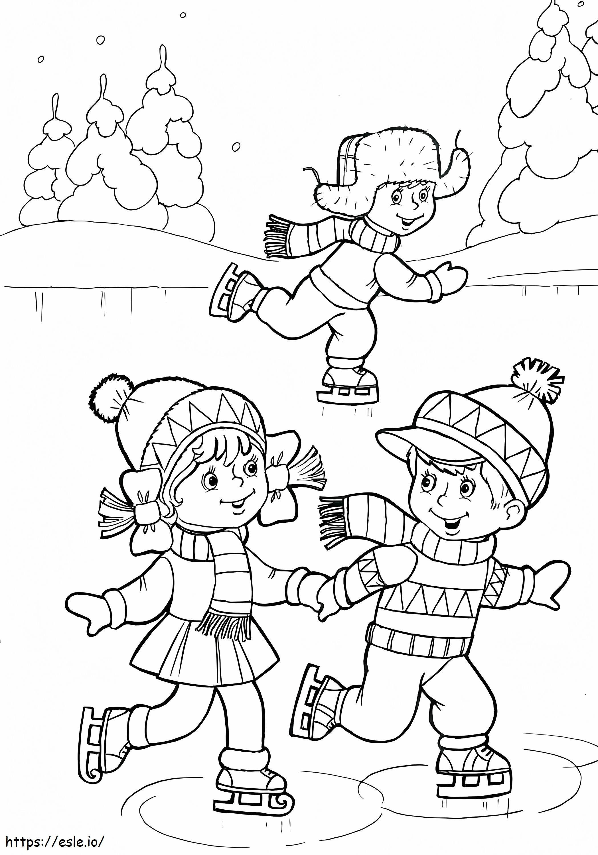 Três crianças brincando de patinação no gelo para colorir