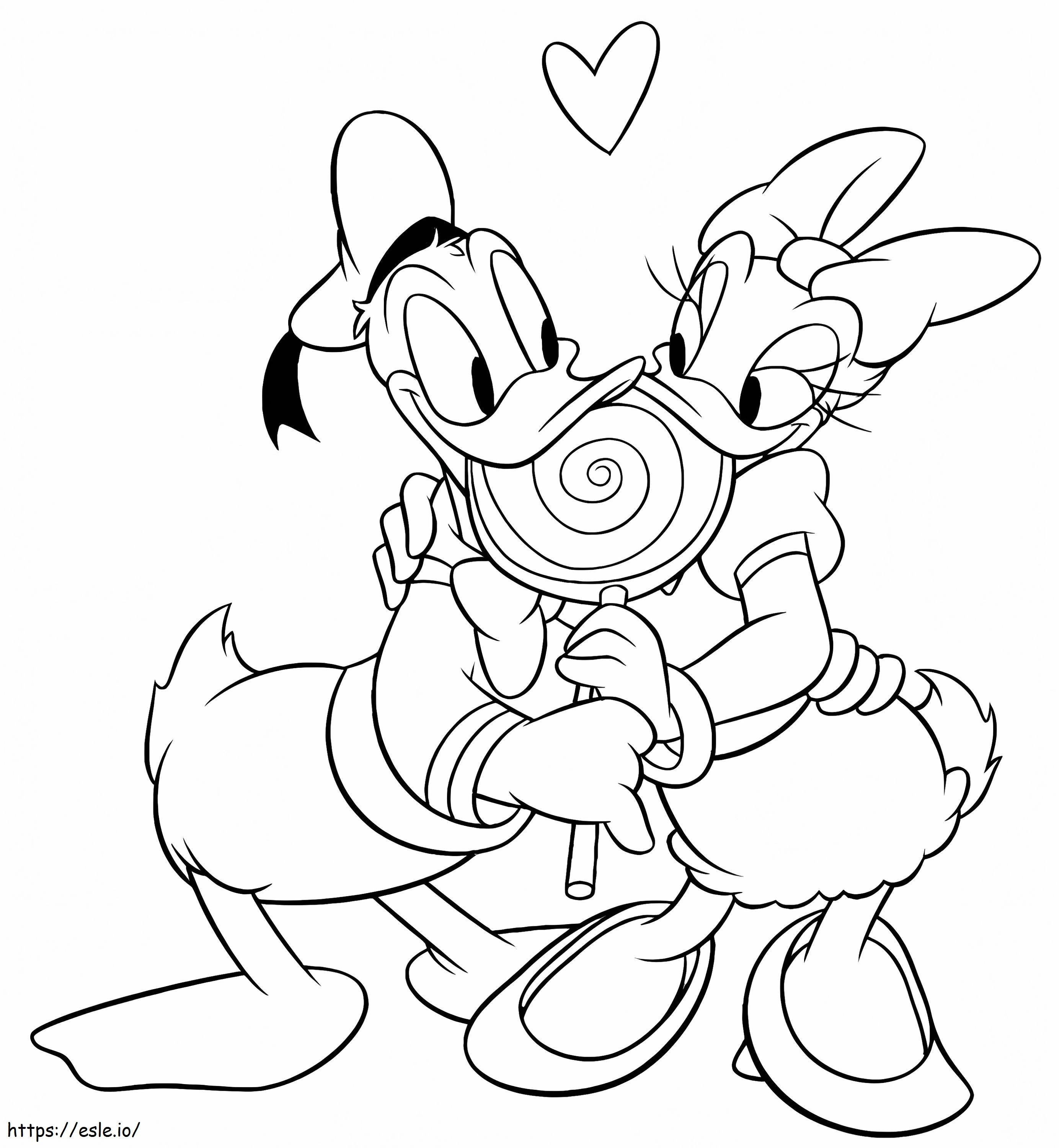 Coloriage Daisy Duck et Donald Duck mangeant des bonbons à imprimer dessin