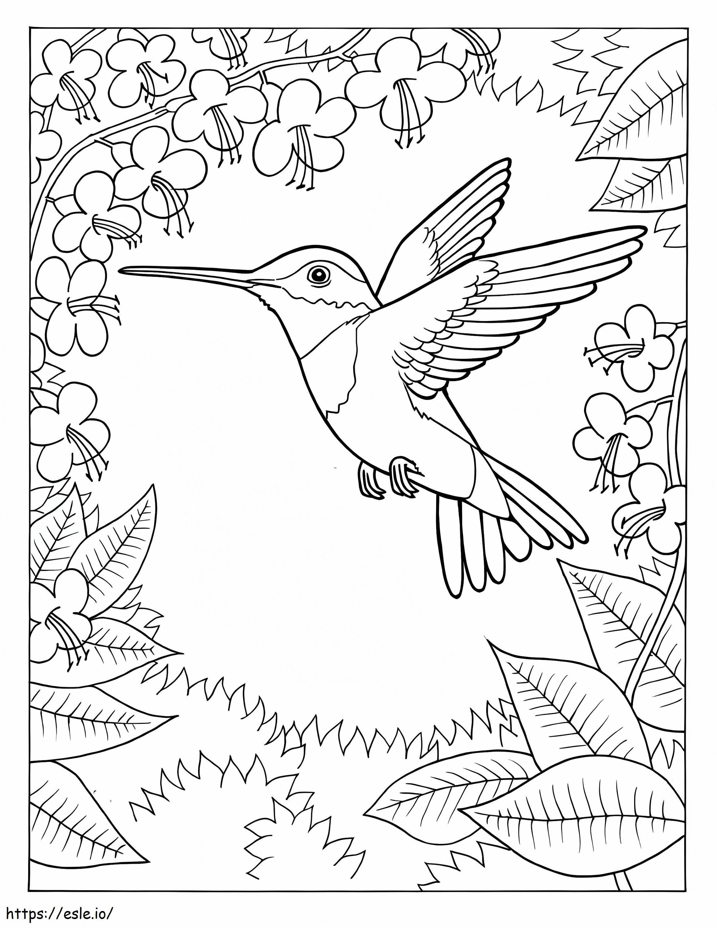 Hummingbird With Flower And Leaves coloring page