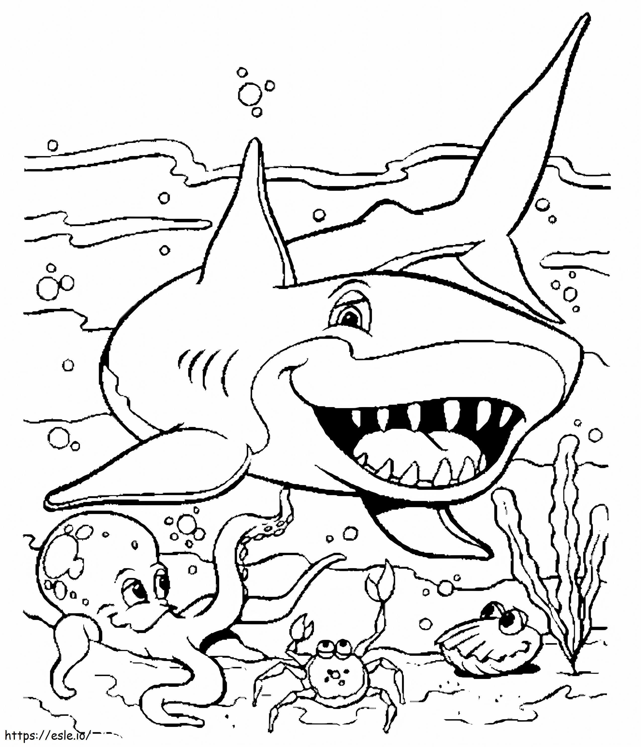 Tubarão engraçado com animais marinhos para colorir