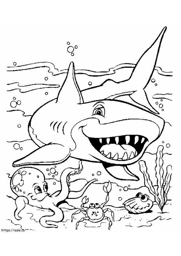 Coloriage Requin drôle avec des animaux marins à imprimer dessin