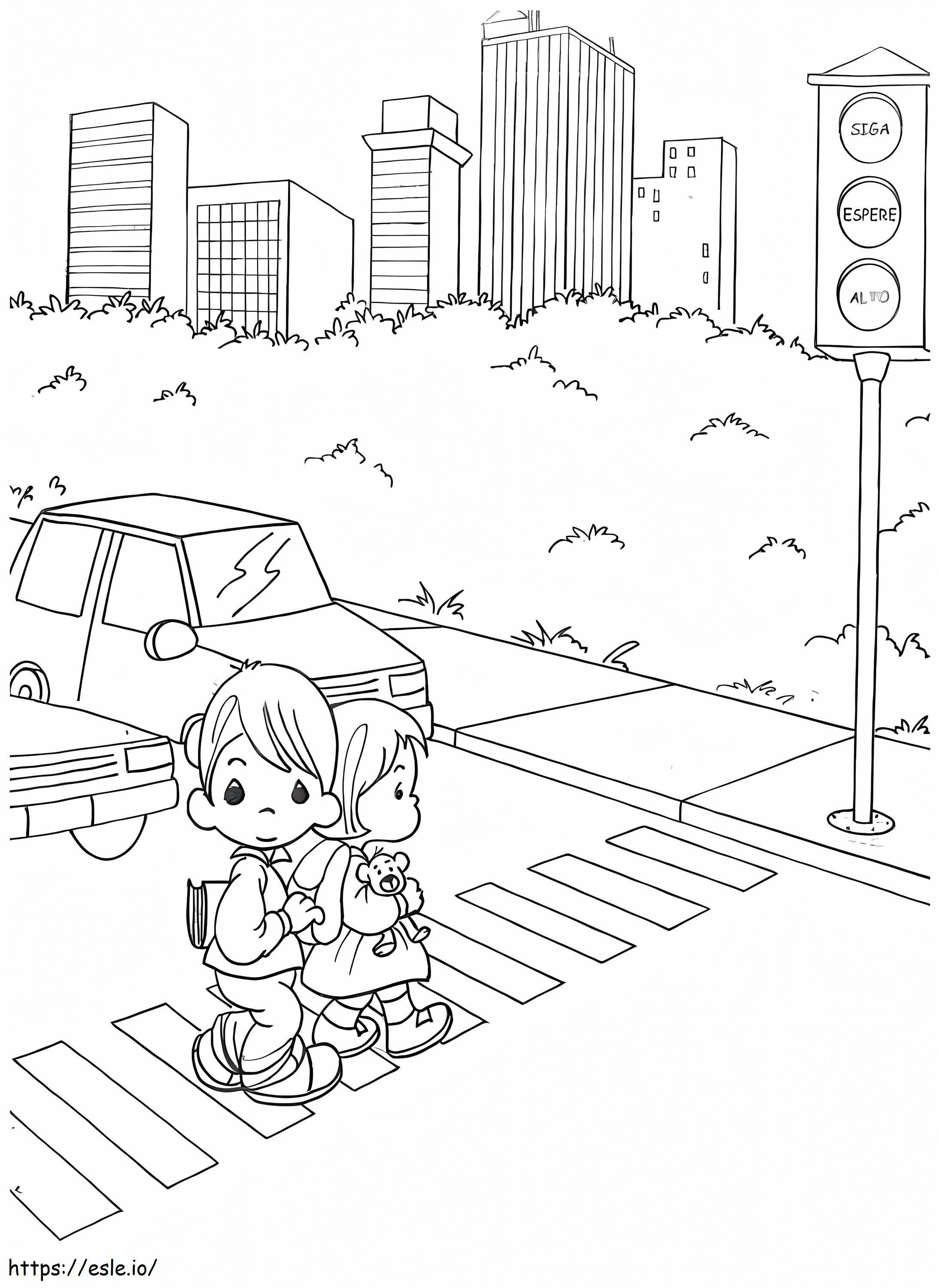 Coloriage Deux enfants marchant et feu de circulation à imprimer dessin
