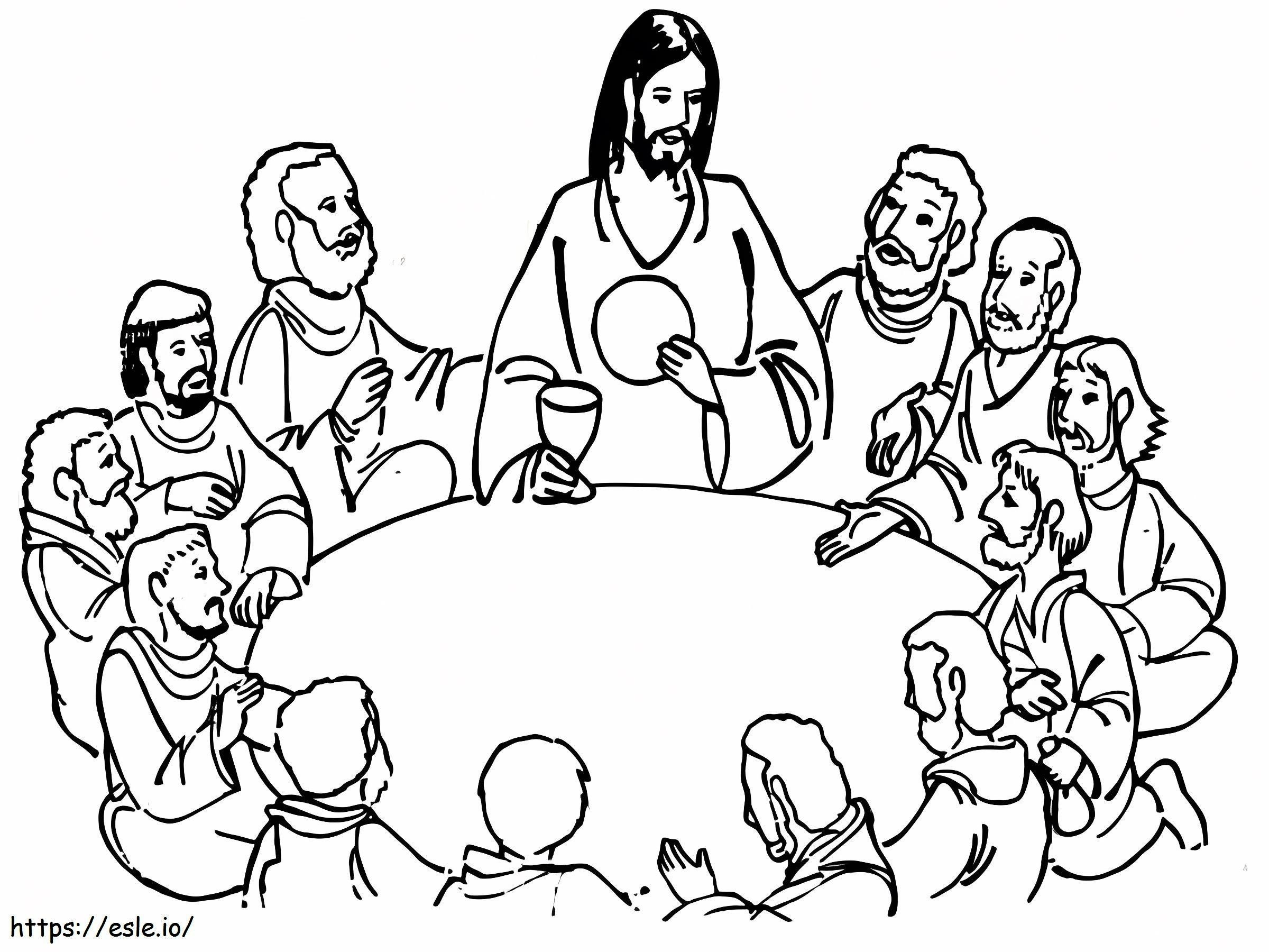 Jeesus jakaa leipää viimeisellä ehtoollisella värityskuva