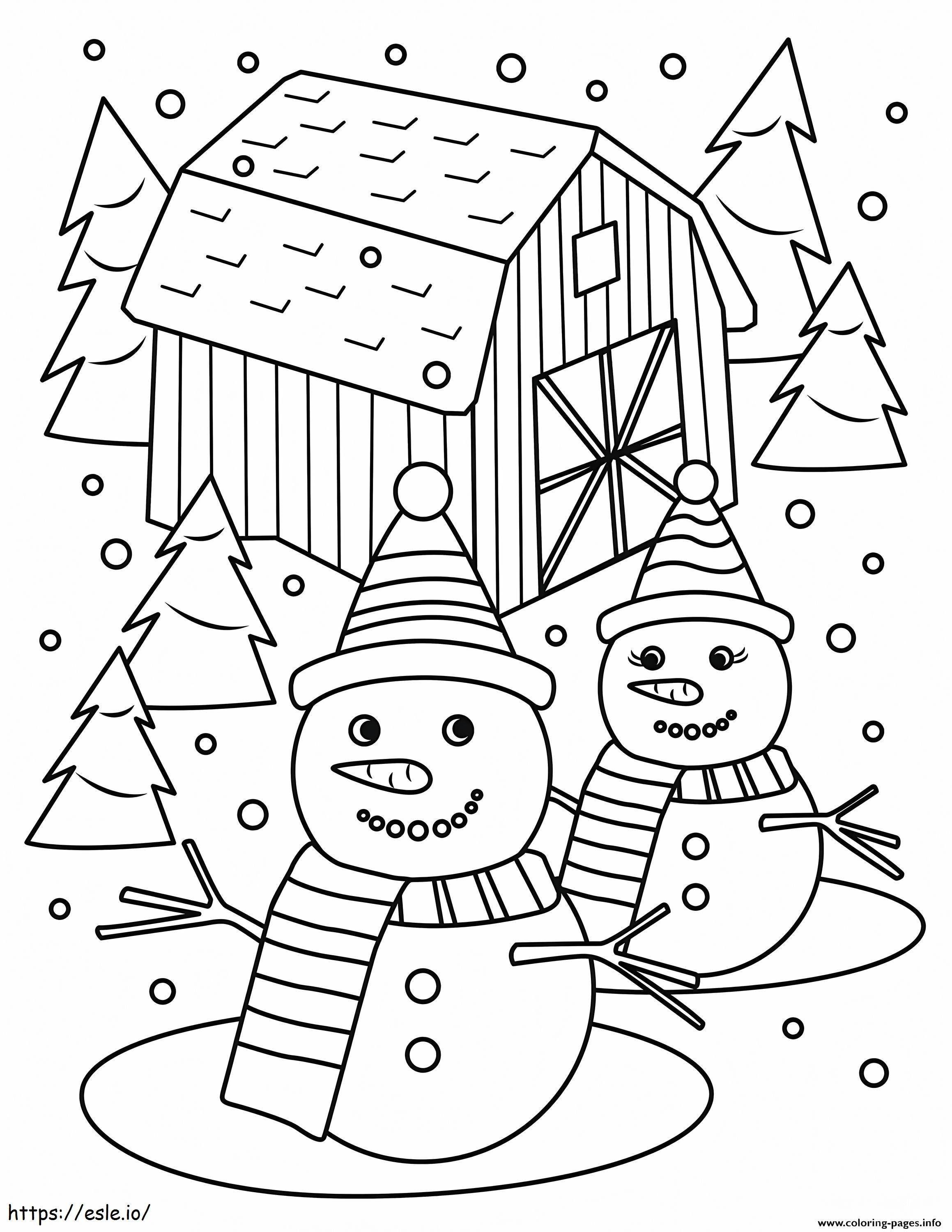 Coloriage Deux bonhommes de neige à imprimer dessin