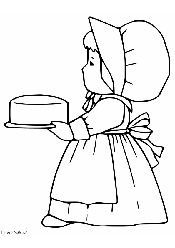 Menina peregrina e bolo para colorir