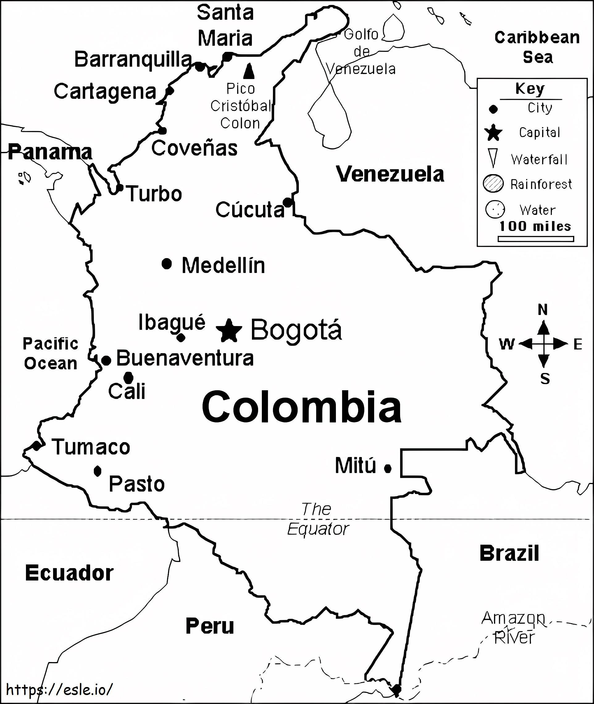 Mapa da Colômbia para colorir