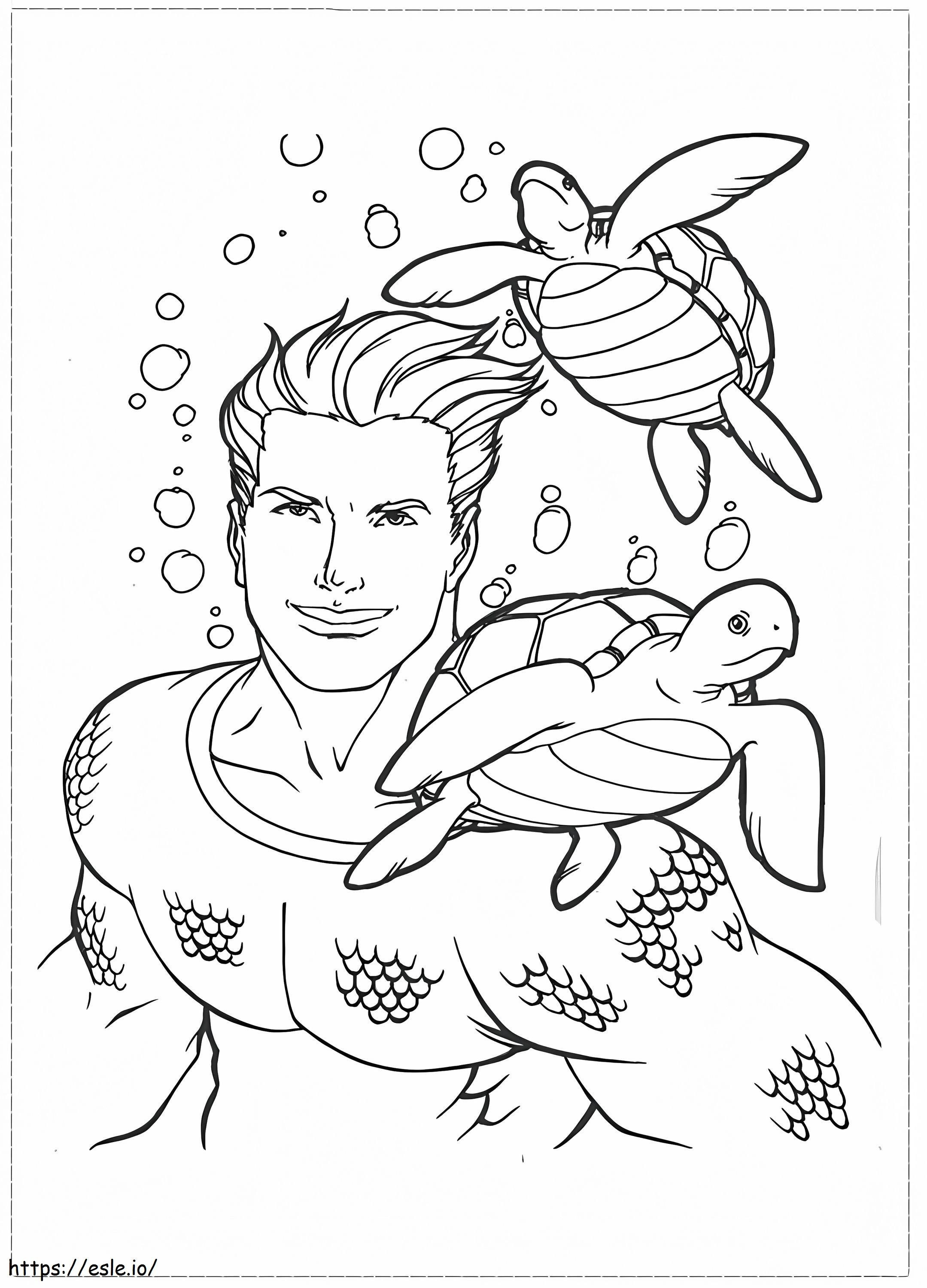 Aquaman e duas tartarugas para colorir