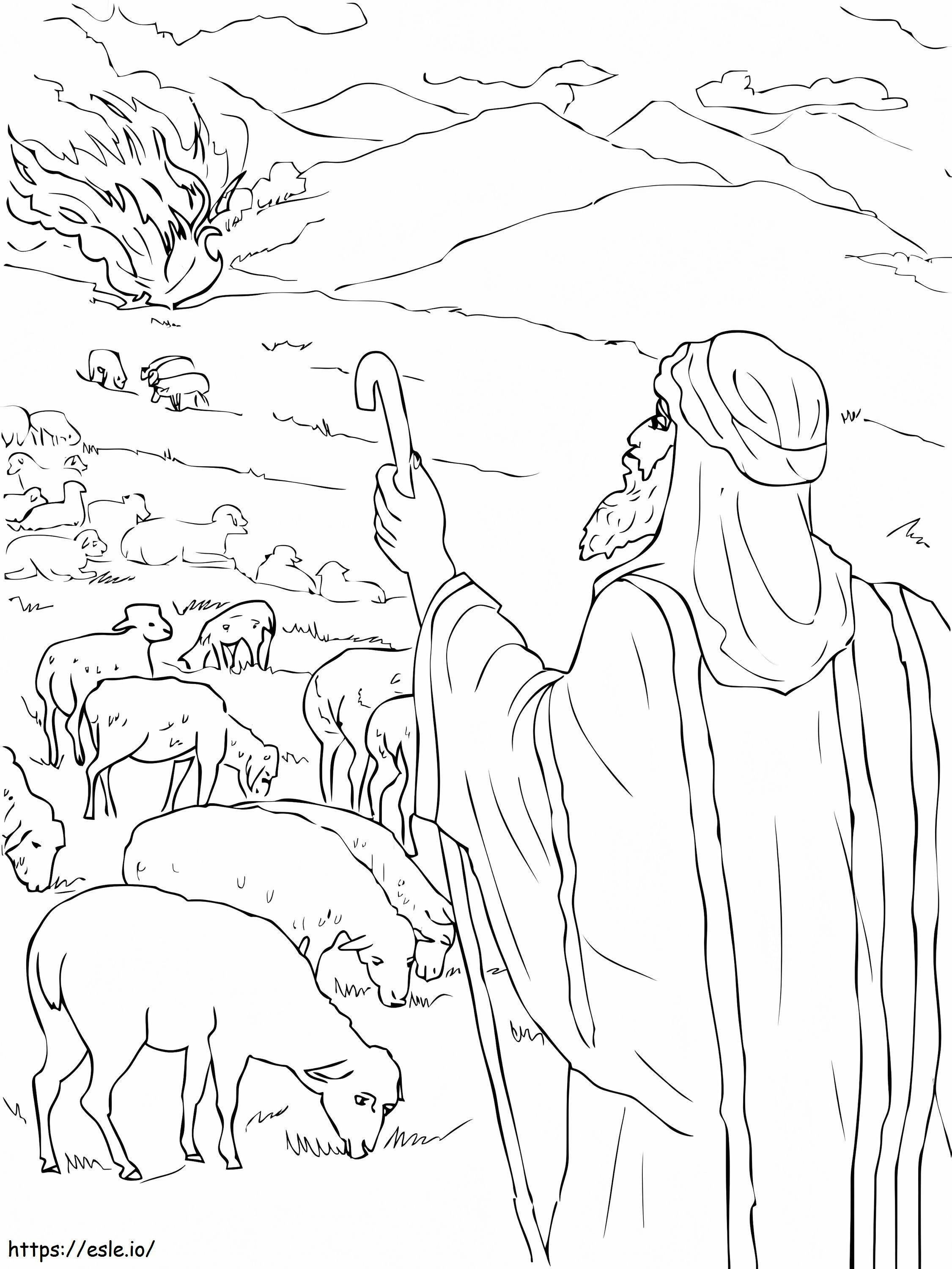 Mooses näkee palavan pensaan värityskuva