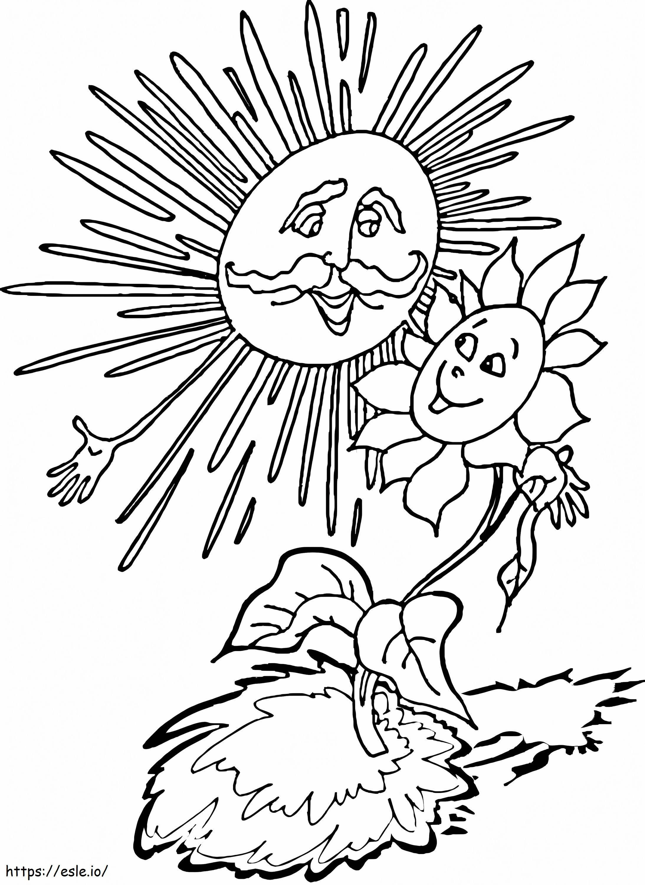 Sarjakuva auringonkukka ja aurinko värityskuva
