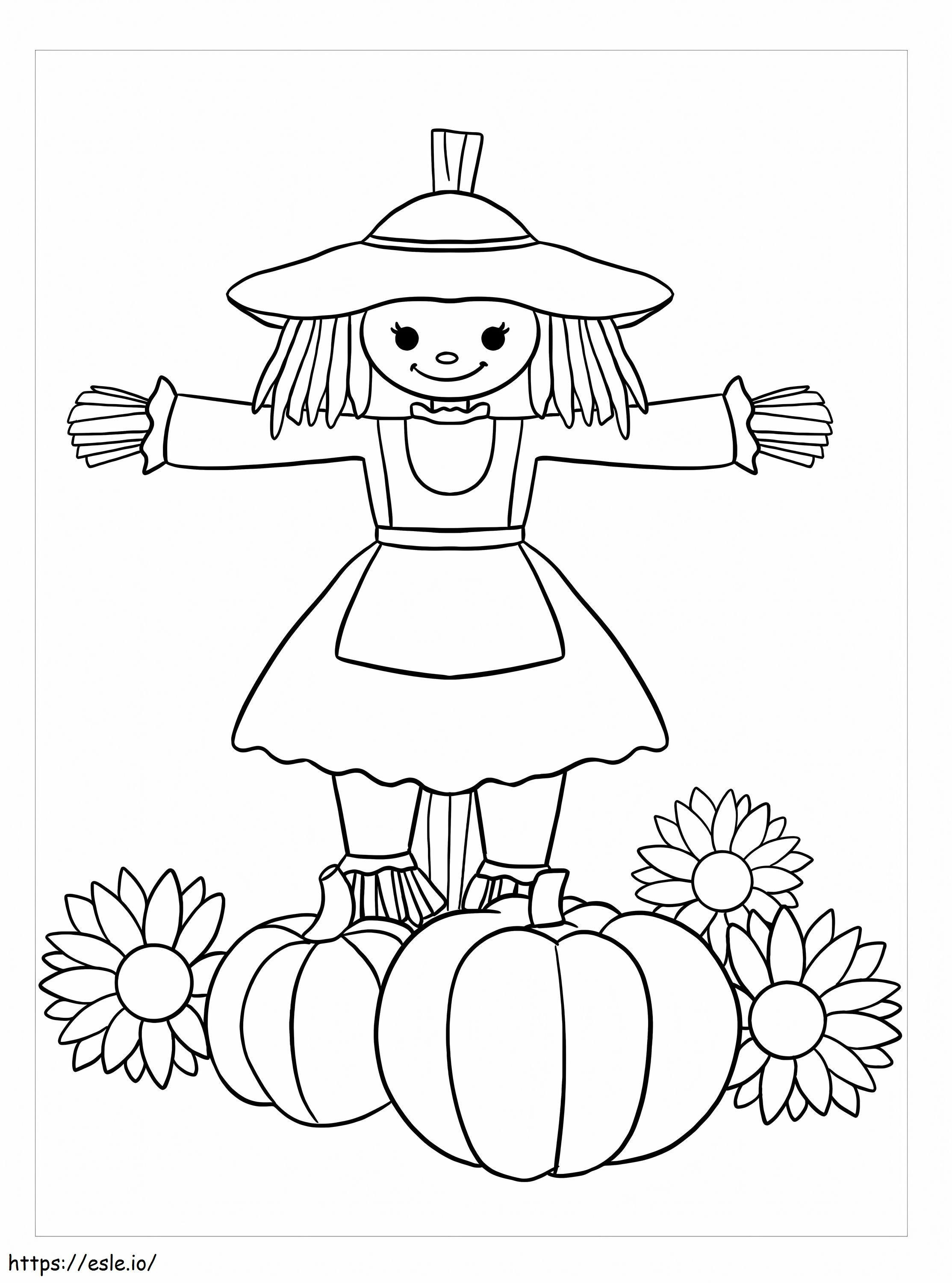 Espantalho menina com abóbora e flor para colorir