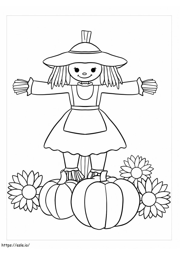 Espantalho menina com abóbora e flor para colorir