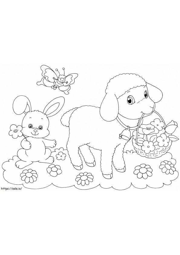 Coloriage Moutons avec panier de Pâques à imprimer dessin