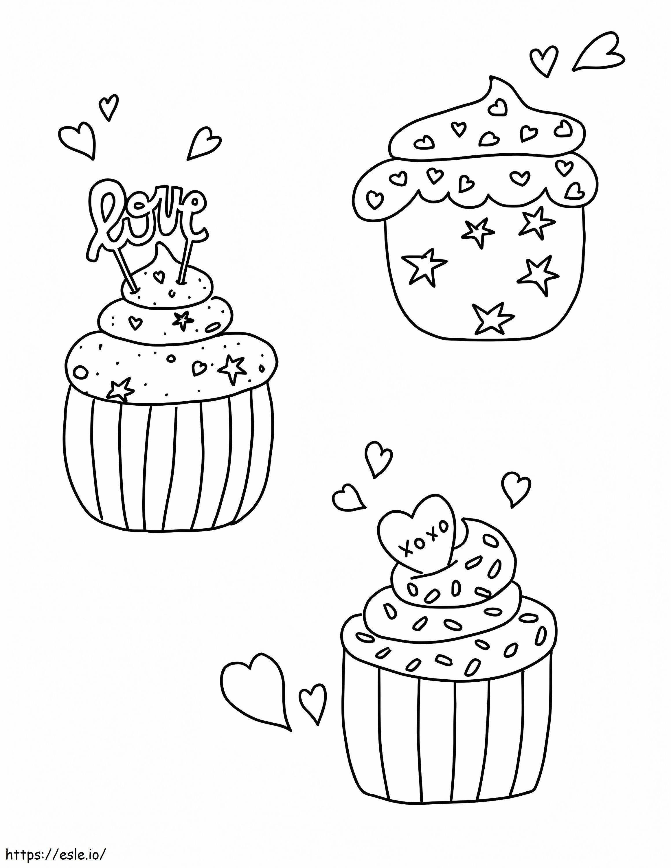 Tres cupcakes en el día de San Valentín para colorear
