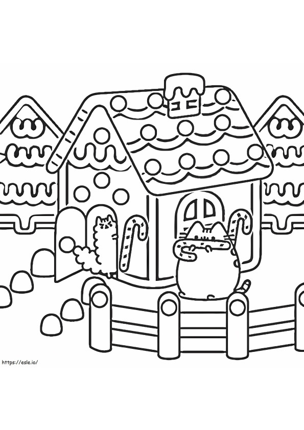 Pusheen And Gingerbread House coloring page