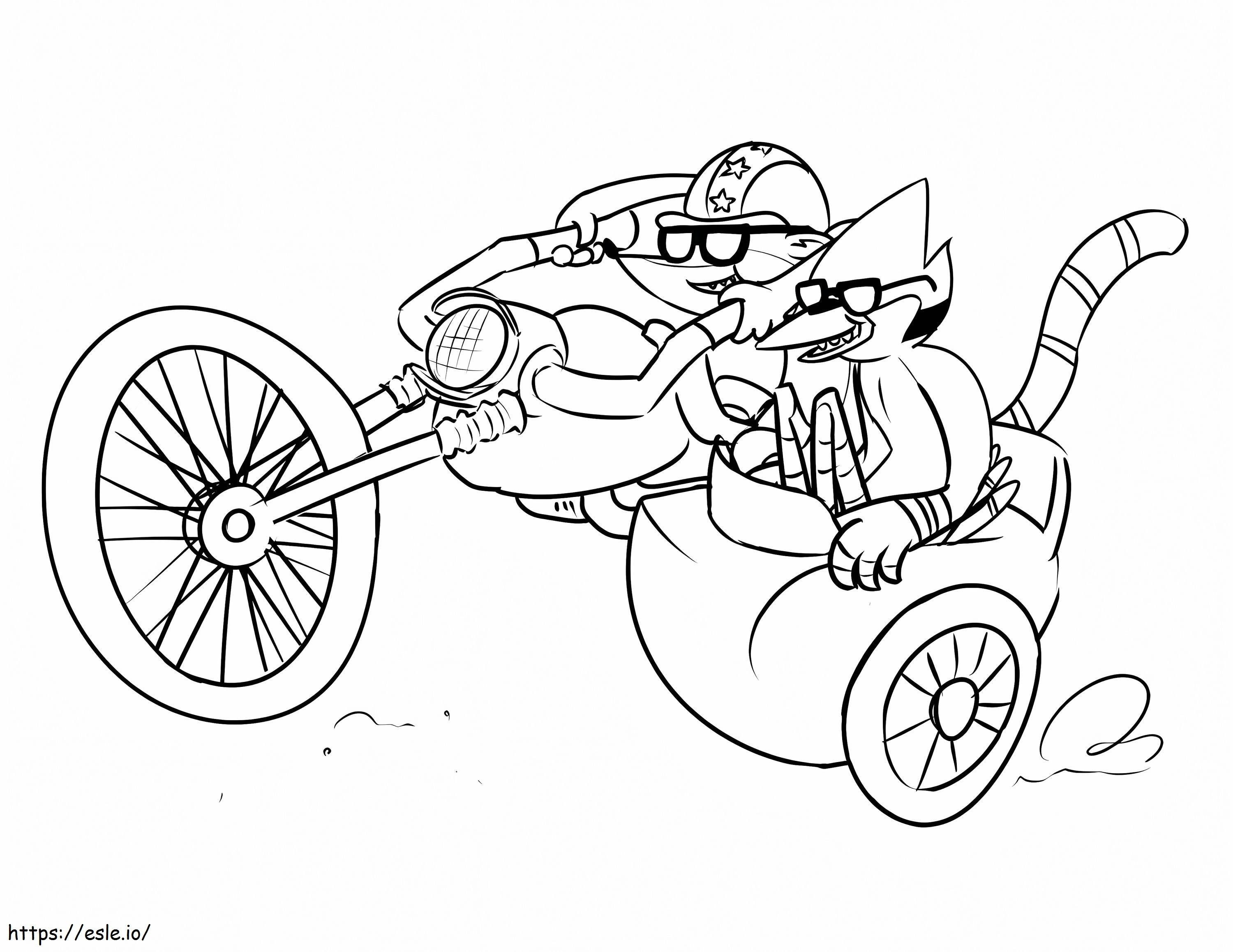 Coloriage Rigby conduisant une moto et Mordecai à imprimer dessin
