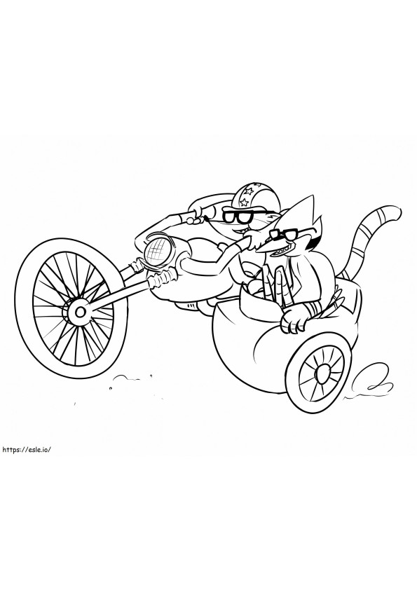Rigby care conduce motocicleta și Mordecai de colorat