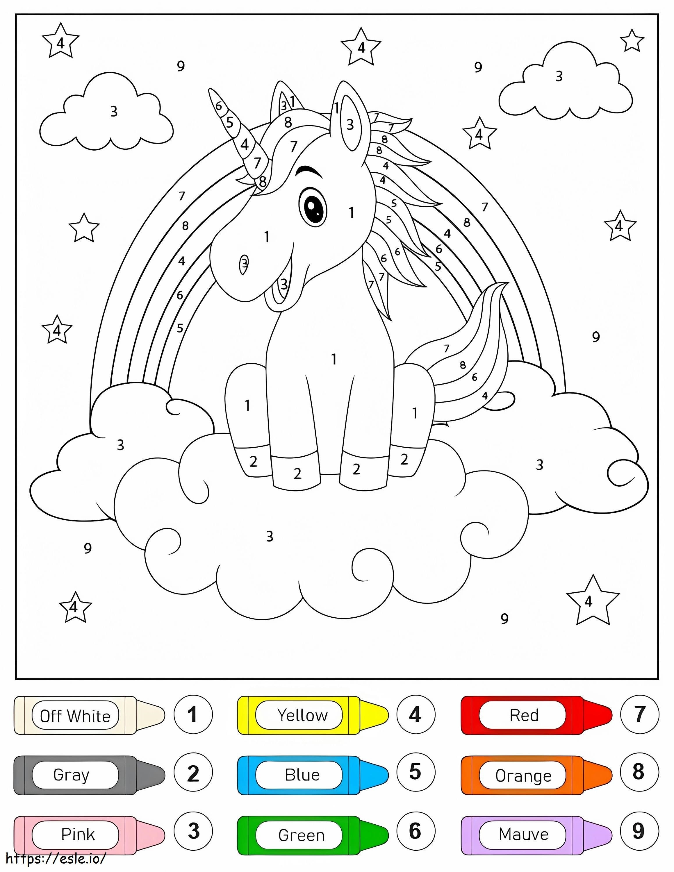 Unicornio en las nubes y color del arco iris por número para colorear