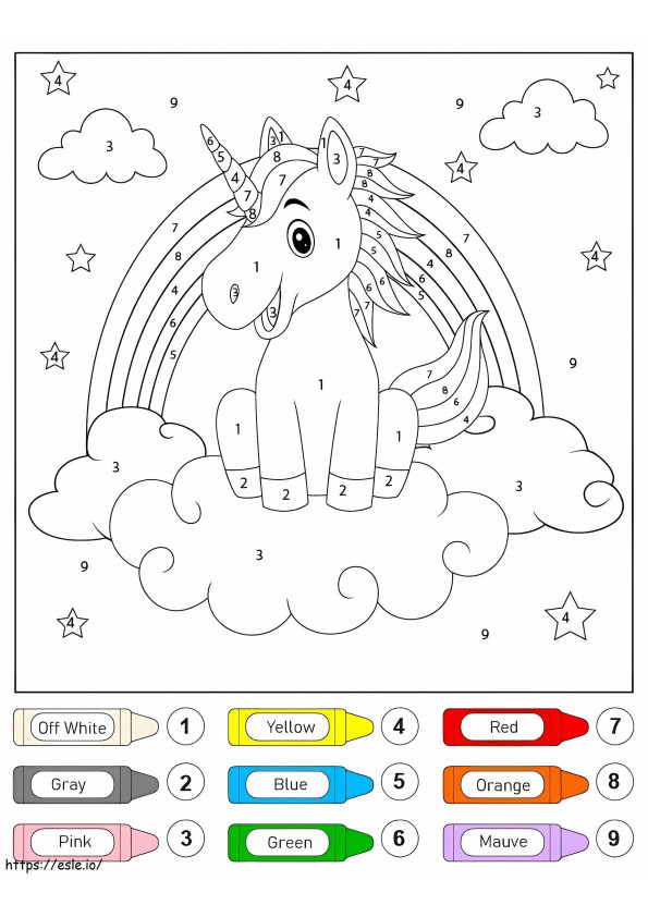 Unicornio en las nubes y color del arco iris por número para colorear