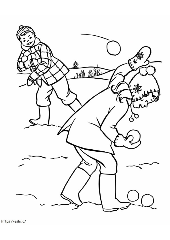 Coloriage Bataille de boules de neige avec des amis à imprimer dessin