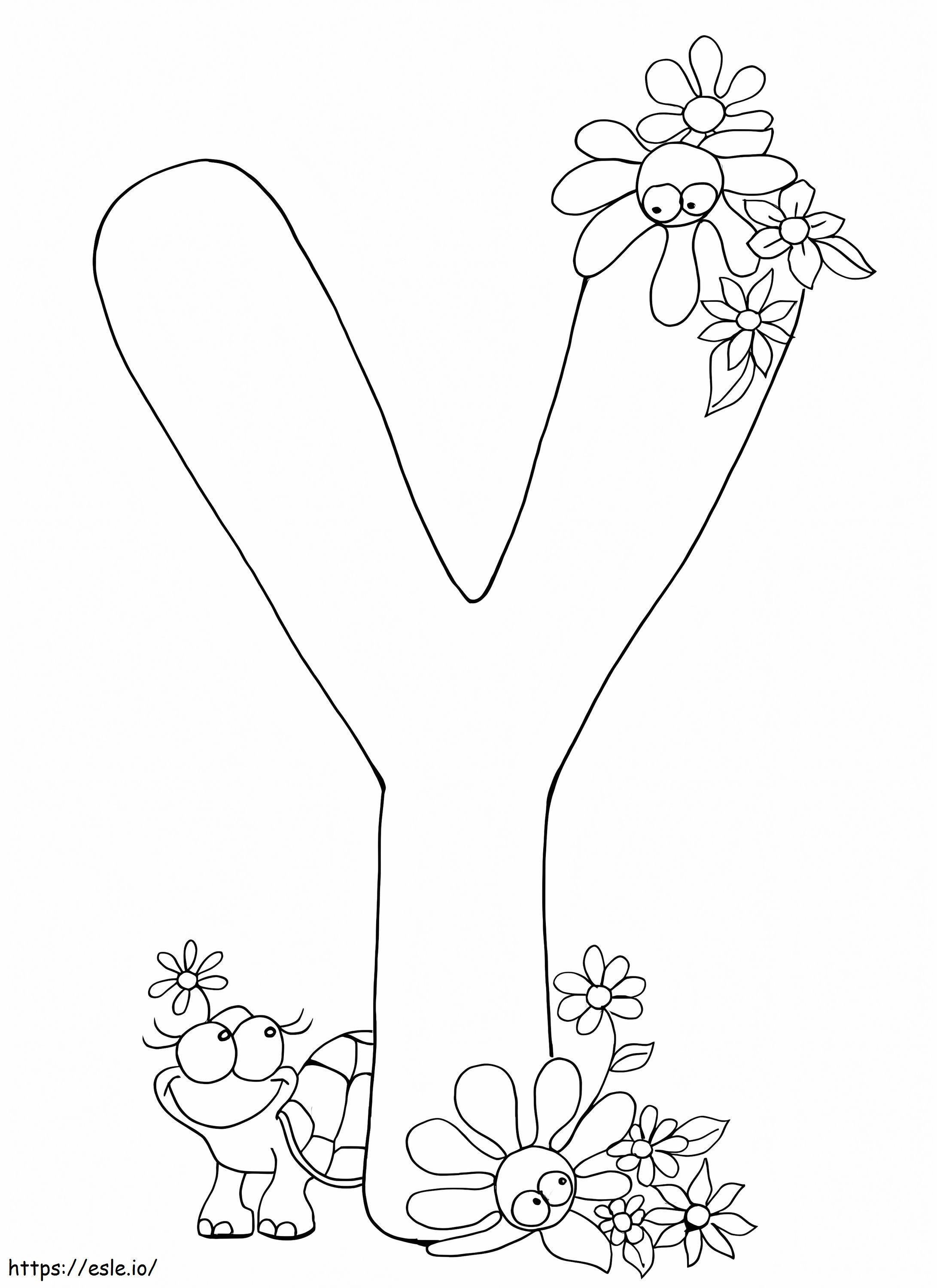 Letra Y com tartaruga e flor para colorir