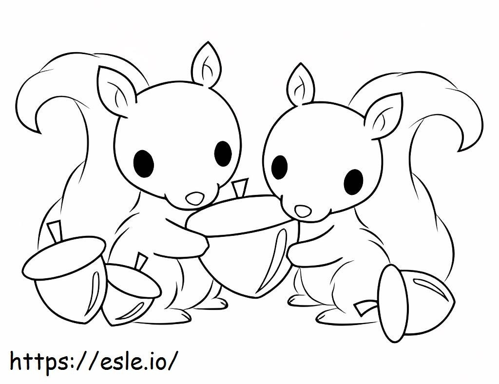 Kaksi oravapoikaa pitelevät tammenterhoa värityskuva
