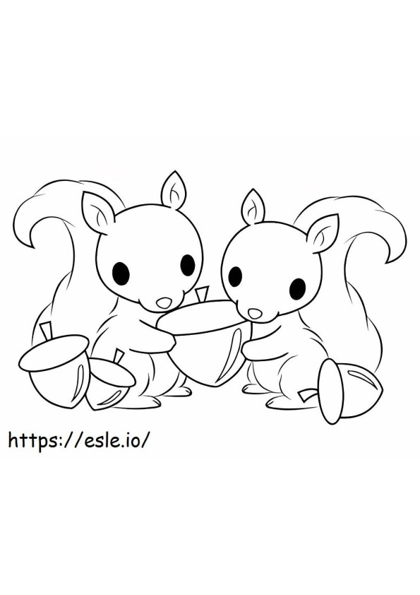 Dois esquilos bebê segurando uma bolota para colorir