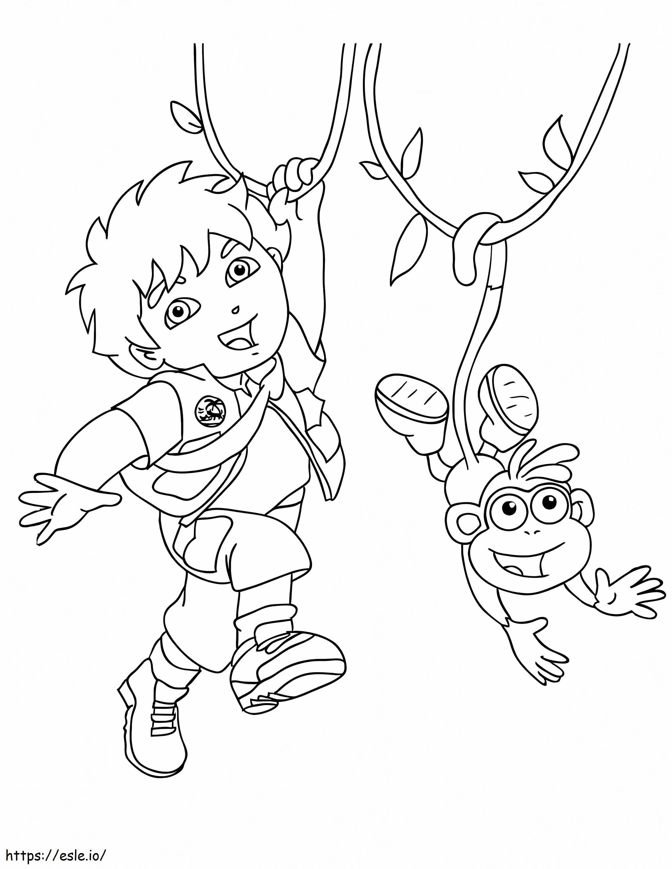 Diego e macaco escalando para colorir