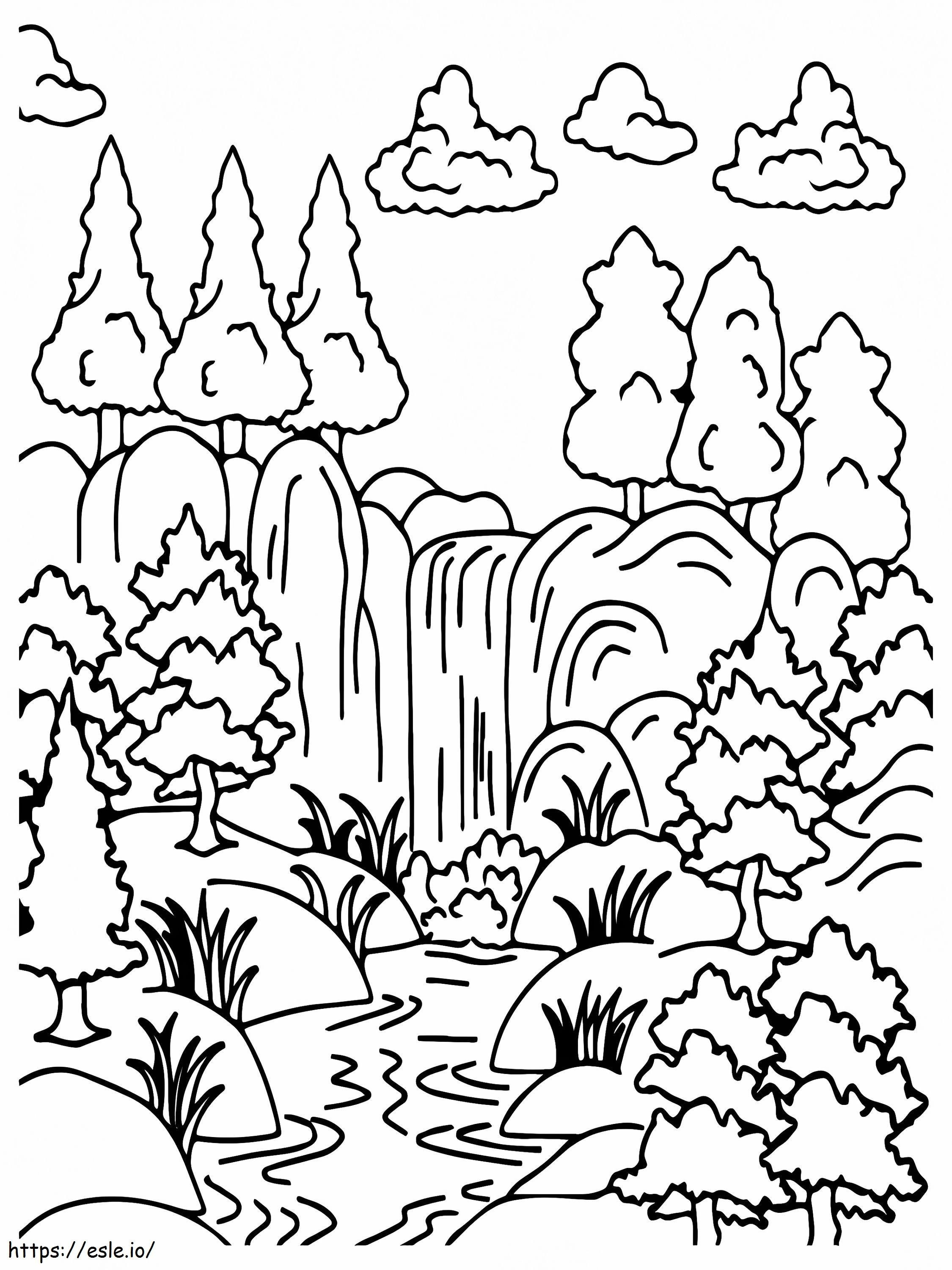 Coloriage Forêt Cascade à imprimer dessin