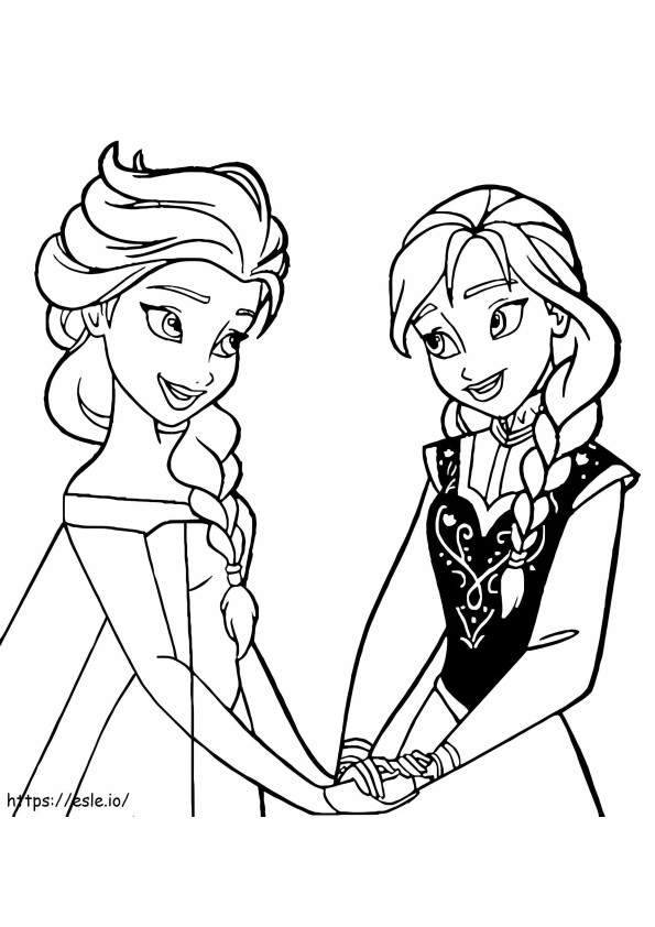 Coloriage Elsa et Anna se tenant la main à imprimer dessin