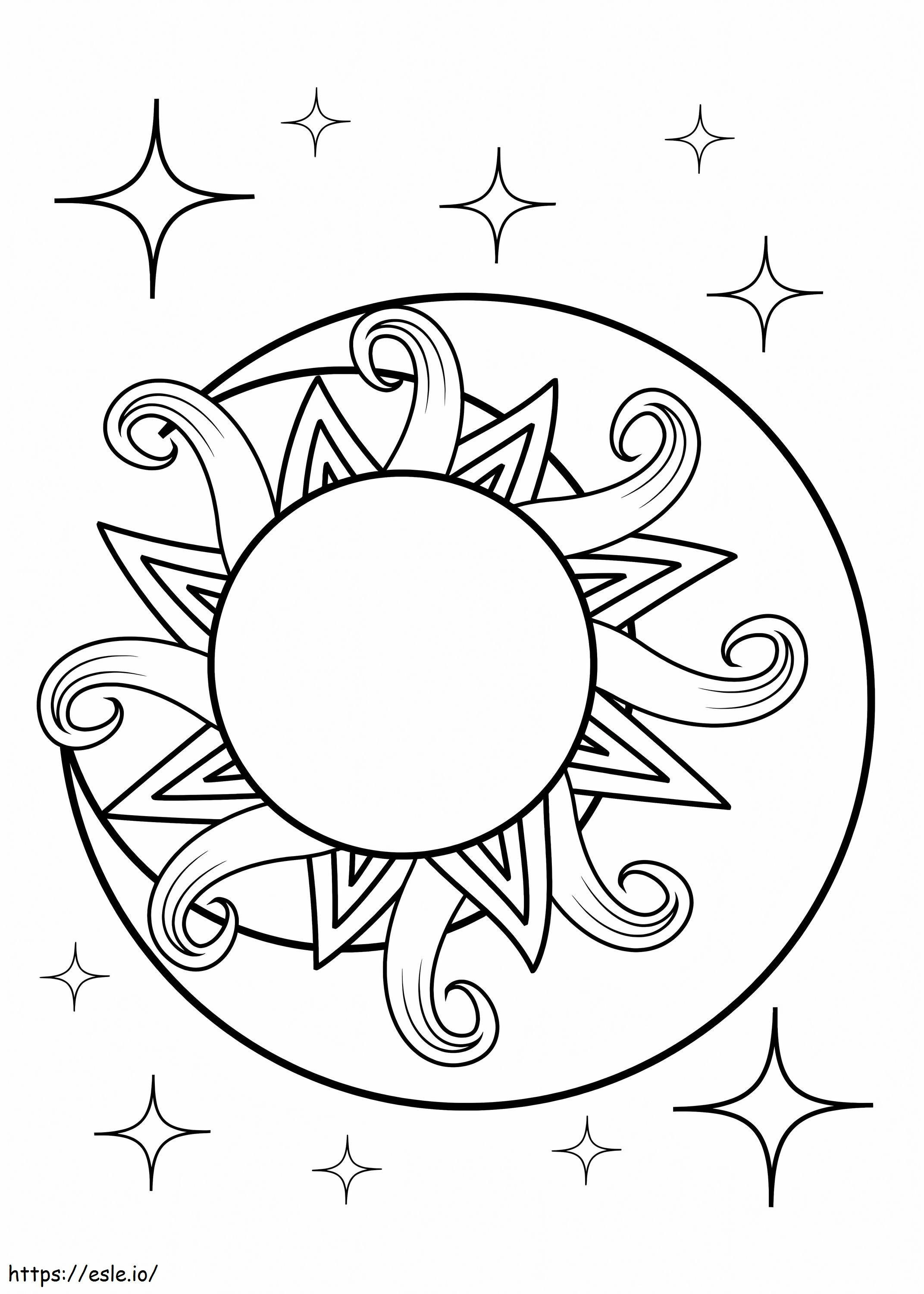 Coloriage Soleil avec la lune et les étoiles à imprimer dessin