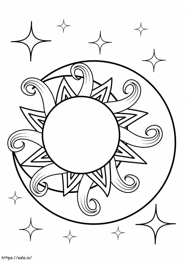 Coloriage Soleil avec la lune et les étoiles à imprimer dessin