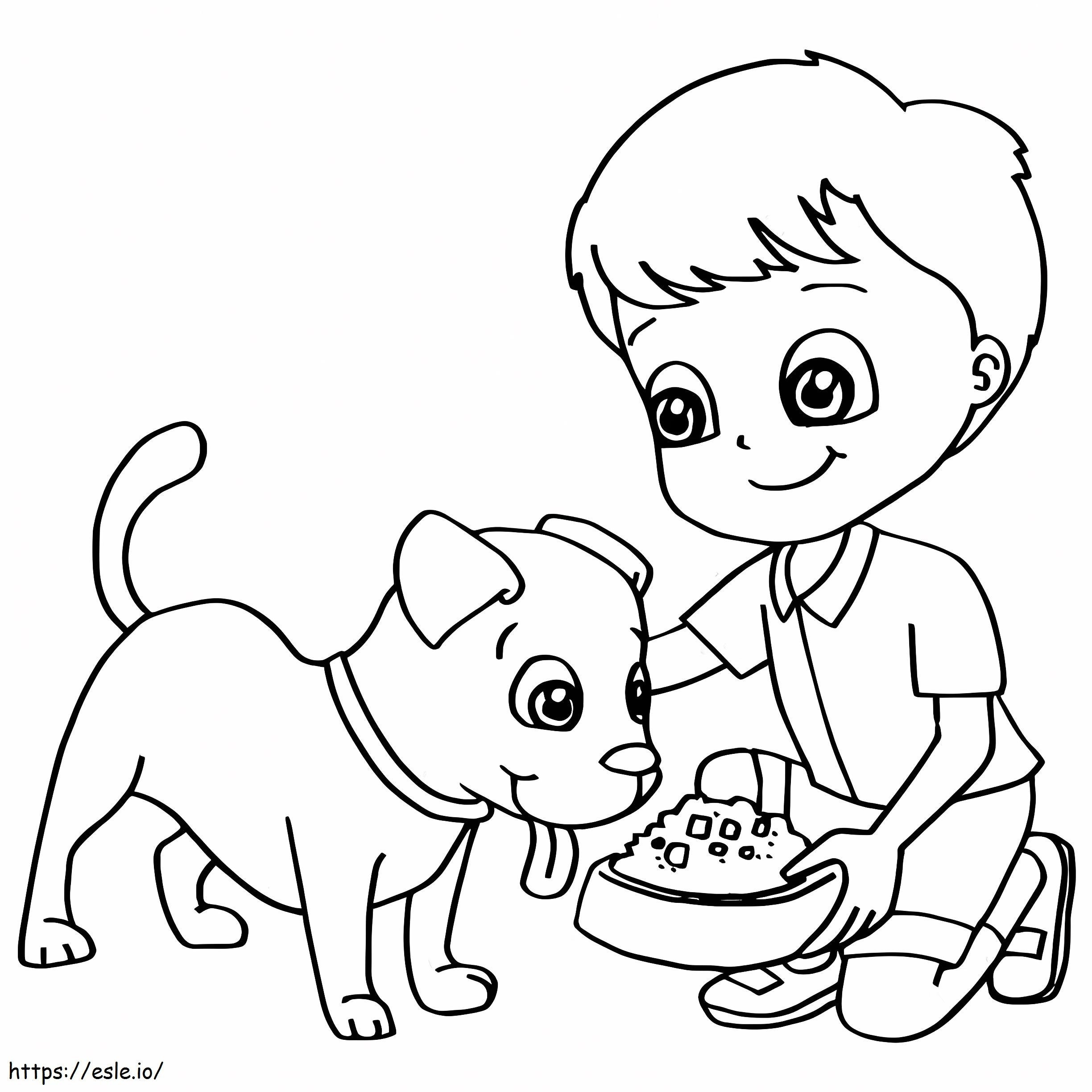 犬に餌をやる少年 ぬりえ - 塗り絵