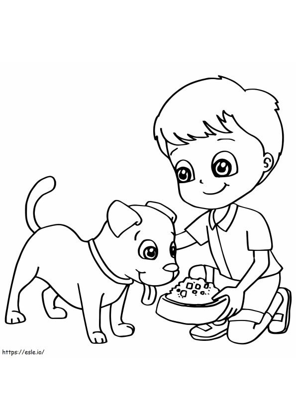 Coloriage garçon, alimentation, chien à imprimer dessin