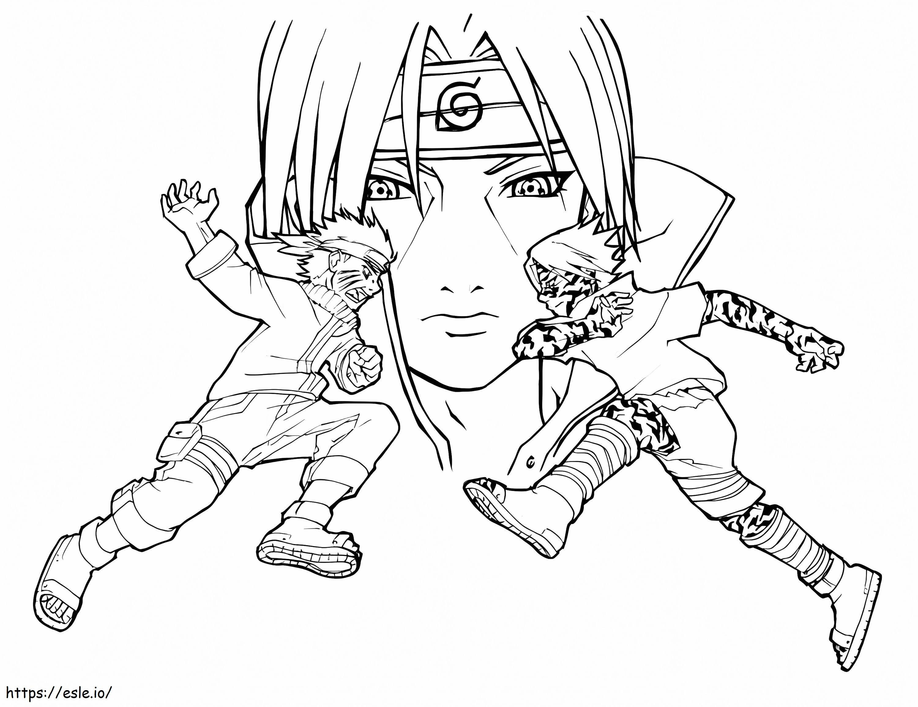 Coloriage Affrontez Itachi et Naruto combattant Sasuke à imprimer dessin