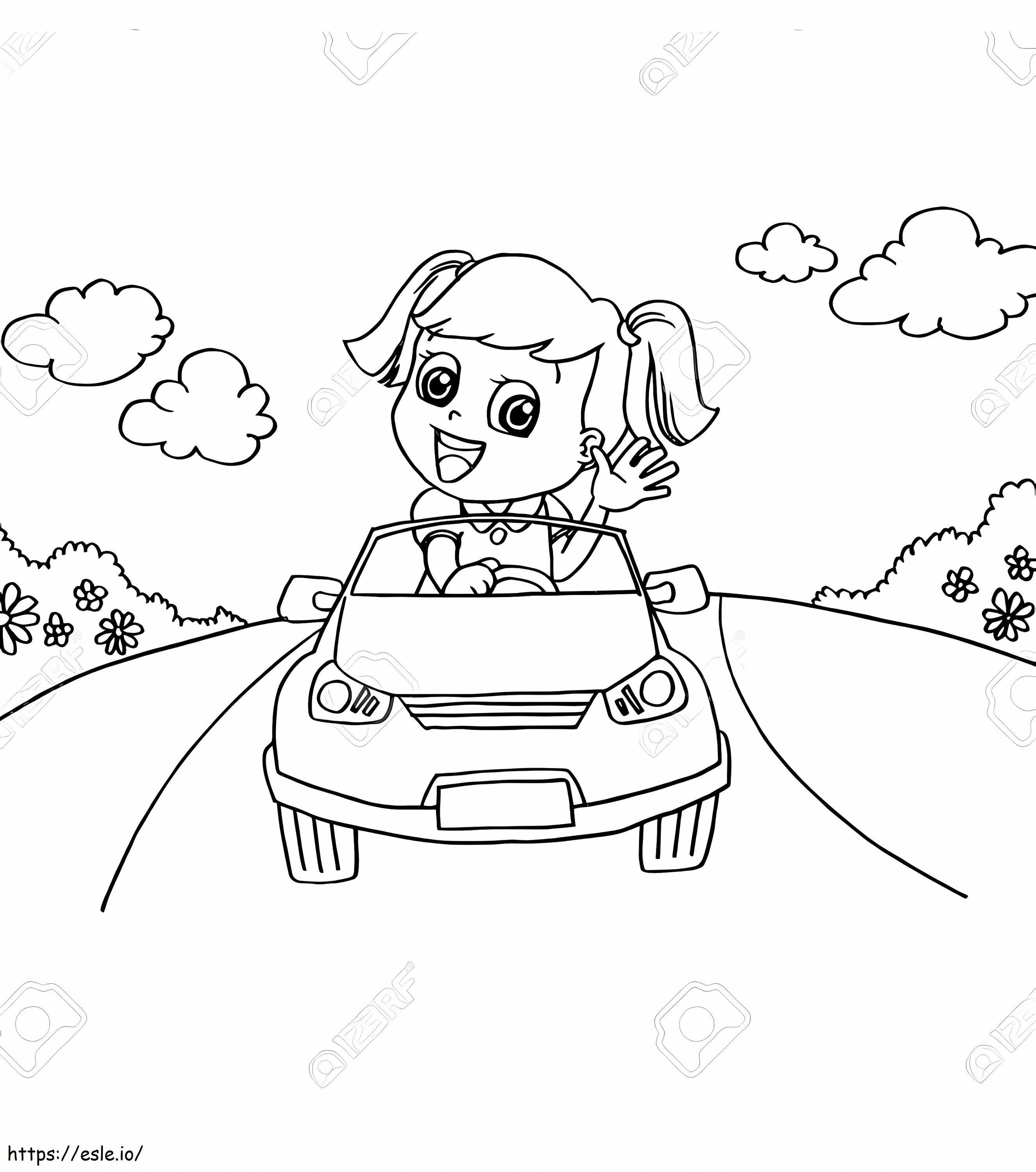 Image Of Little Girl Driving A Toy Car Vector coloring page