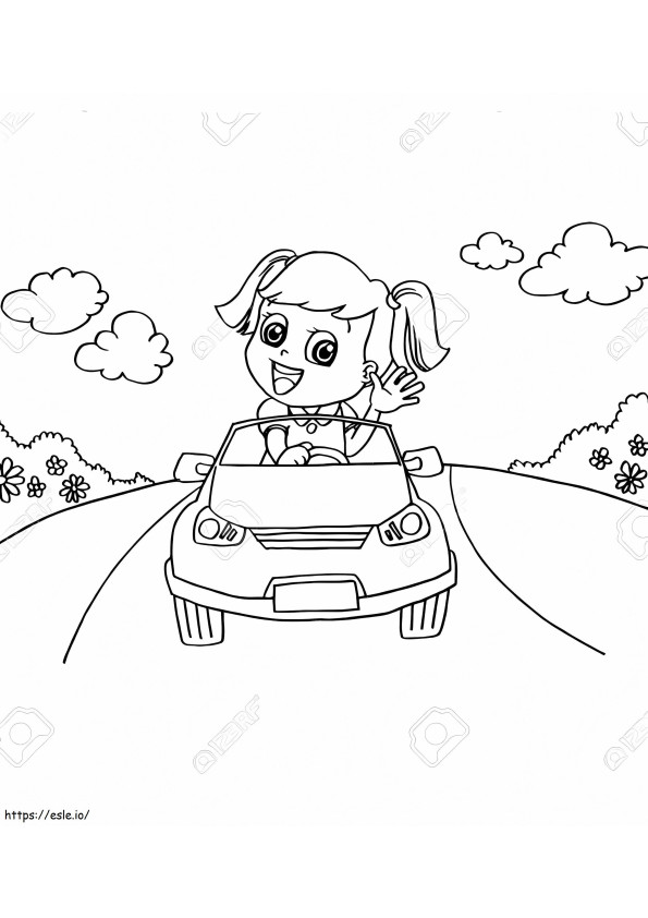  Kuva pienestä tytöstä ajamassa leluautoa Vector värityskuva