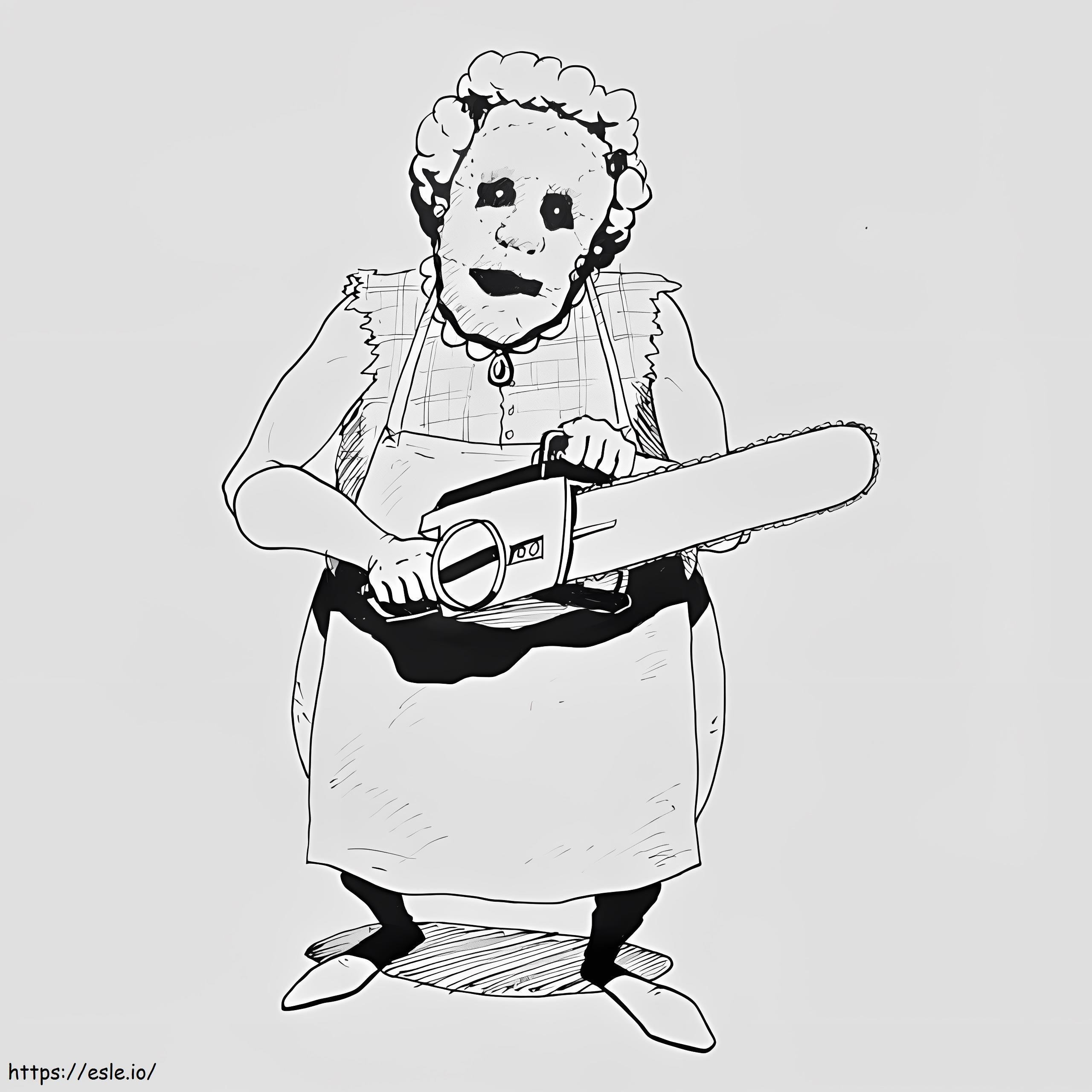 Granny Holding Chainsaw coloring page