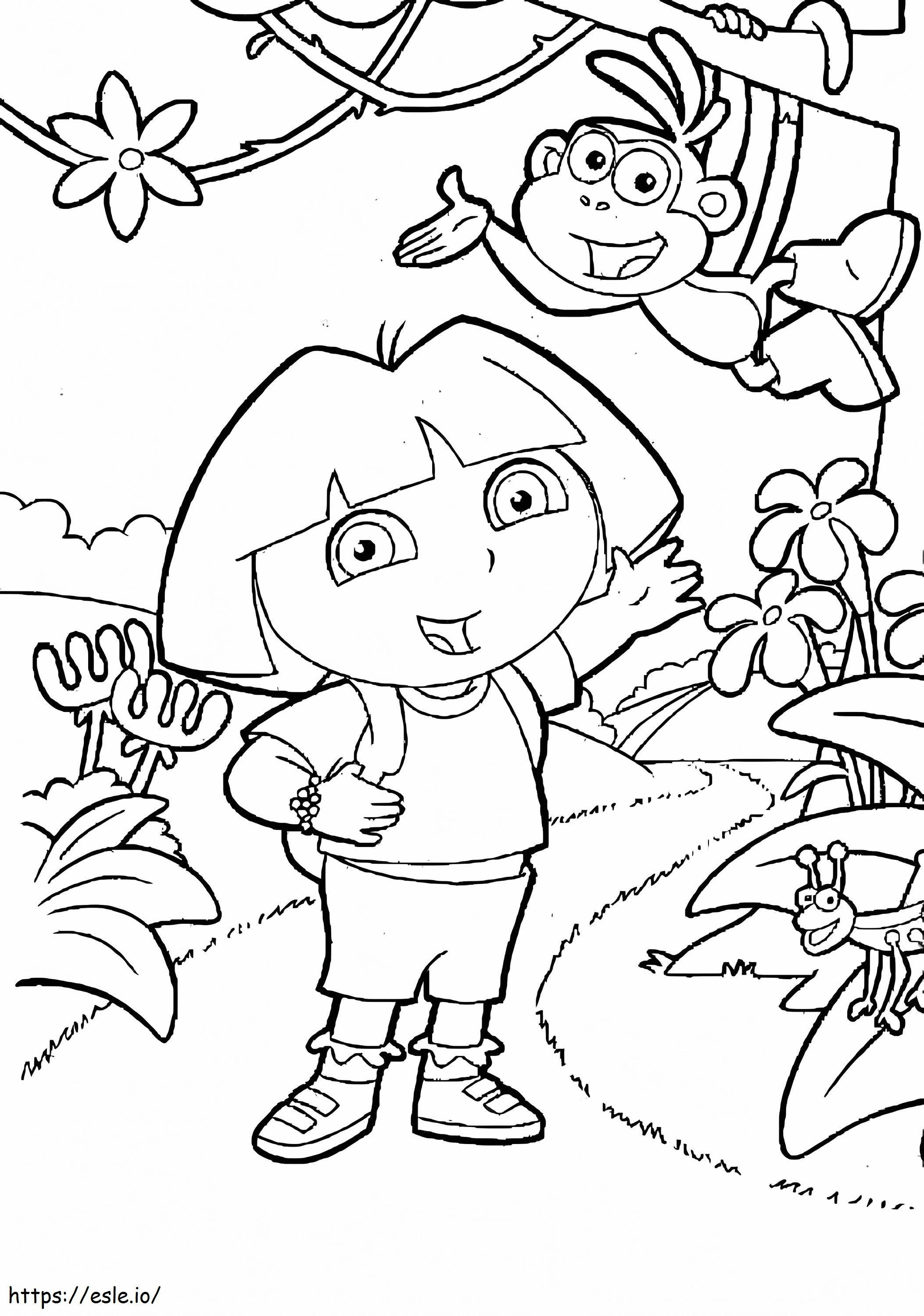 Coloriage Dora et bottes dans la forêt à imprimer dessin