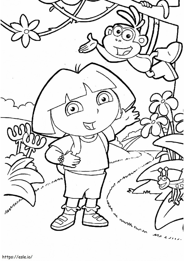 Coloriage Dora et bottes dans la forêt à imprimer dessin