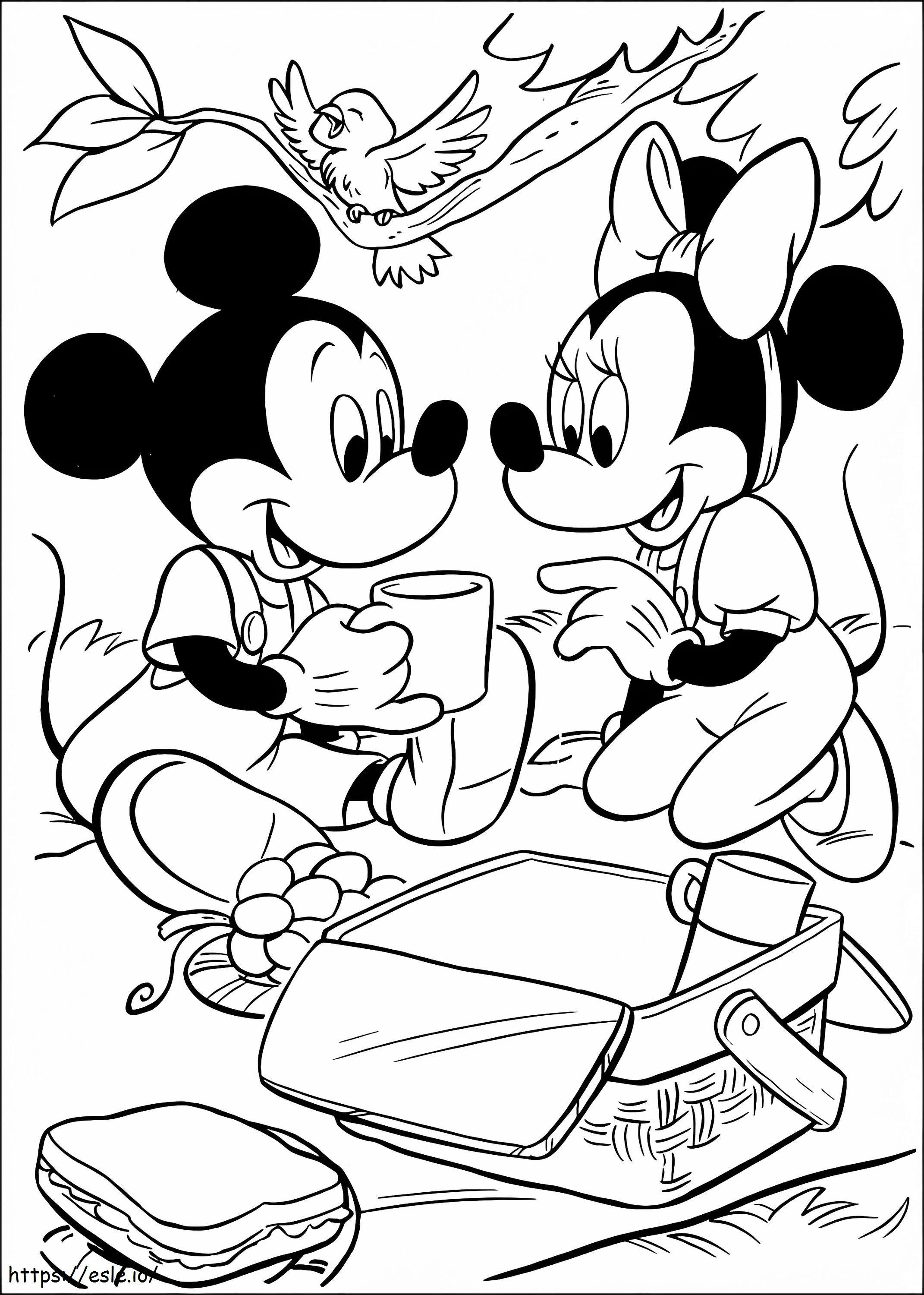 Mickey y Minnie en un picnic para colorear