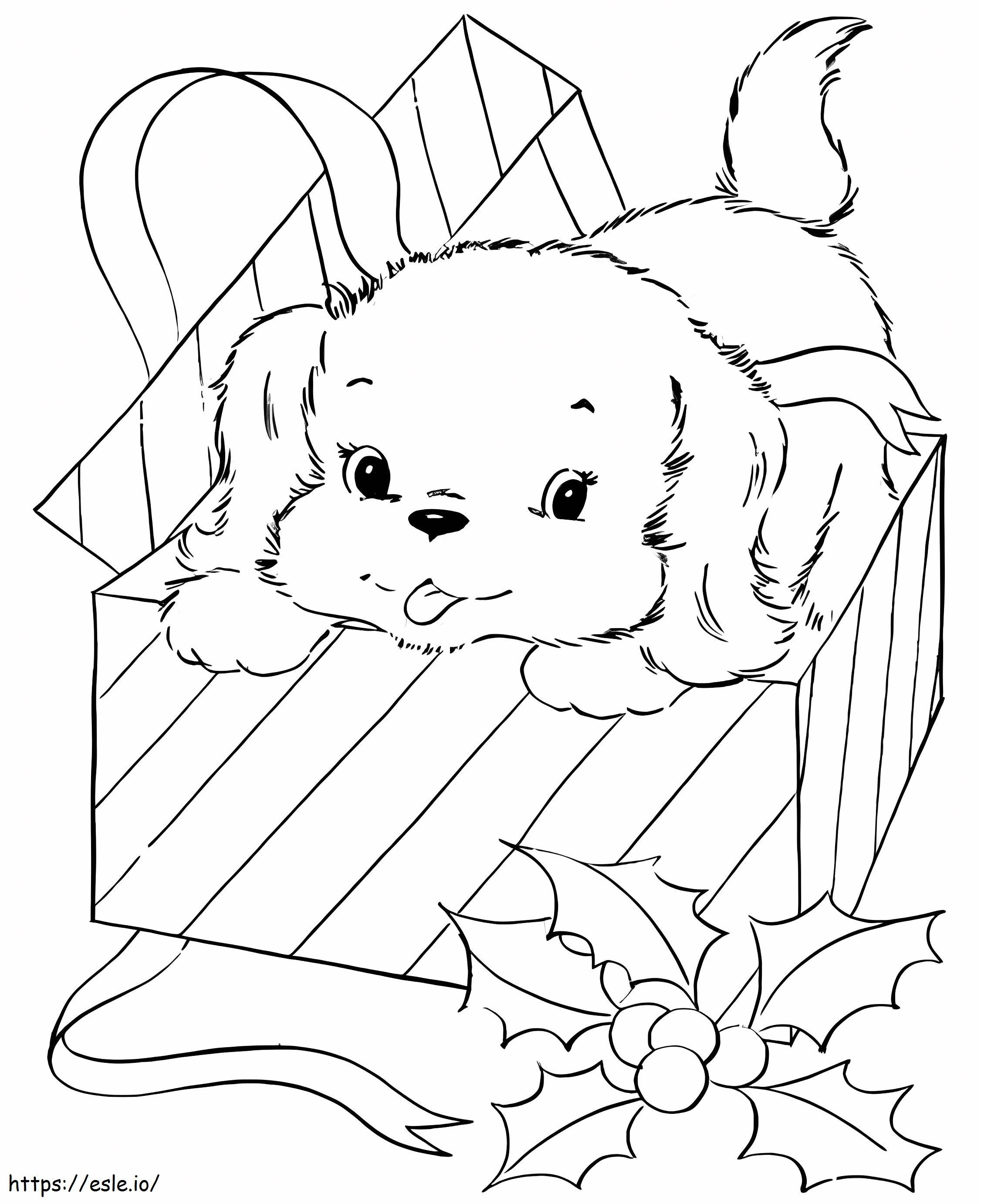 Coloriage Bébé chien dans une boîte cadeau à imprimer dessin