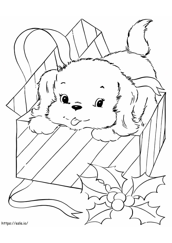 Coloriage Bébé chien dans une boîte cadeau à imprimer dessin