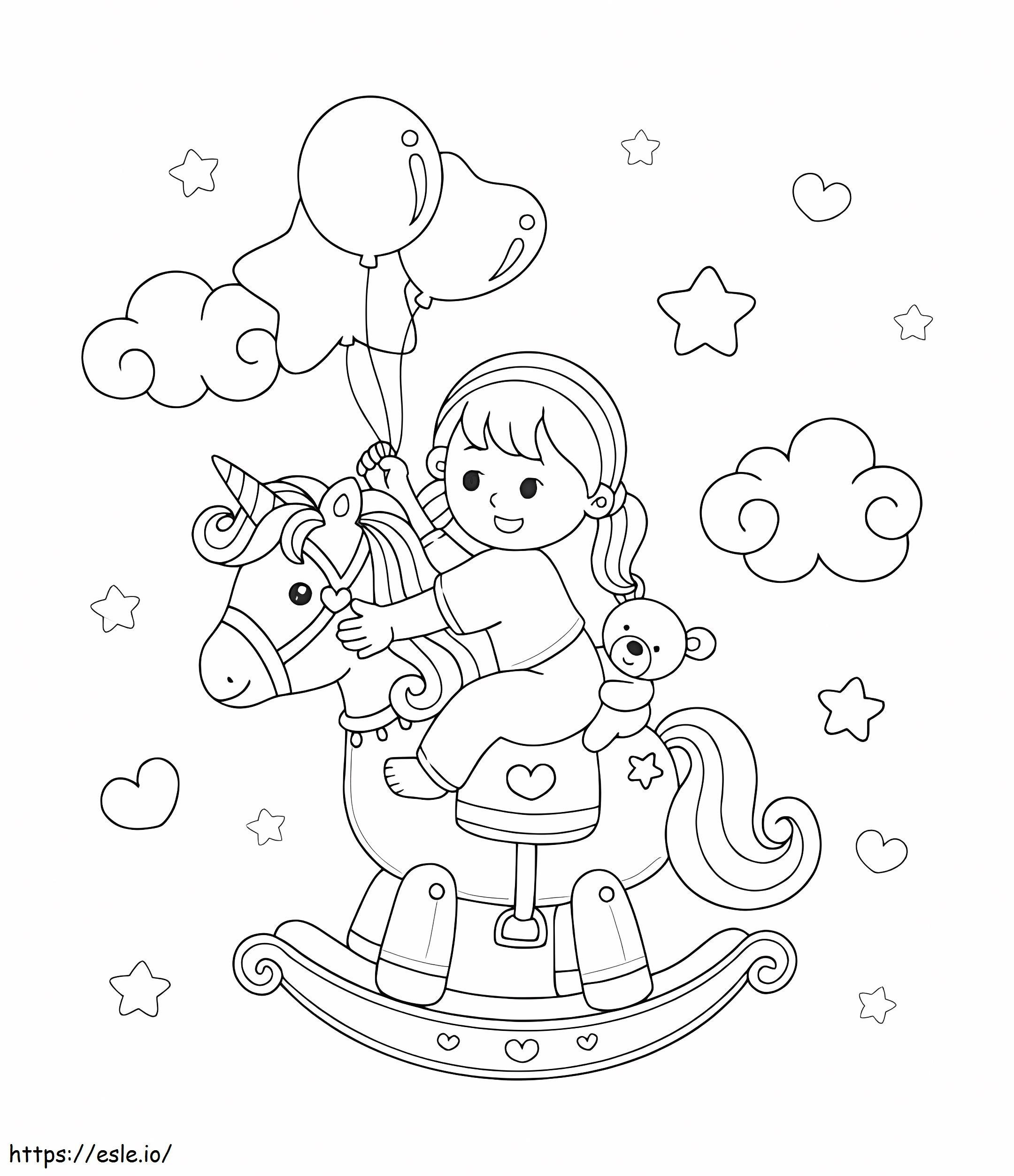 Cute Girl And Rocking Horse coloring page