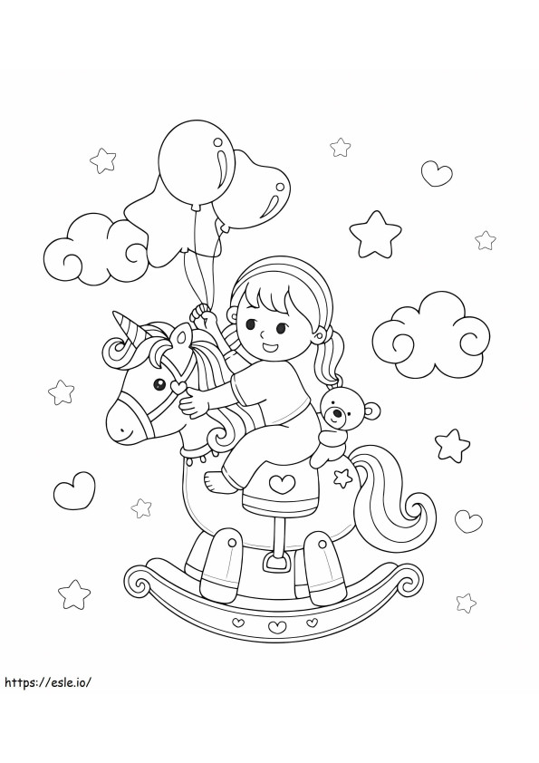 Cute Girl And Rocking Horse coloring page