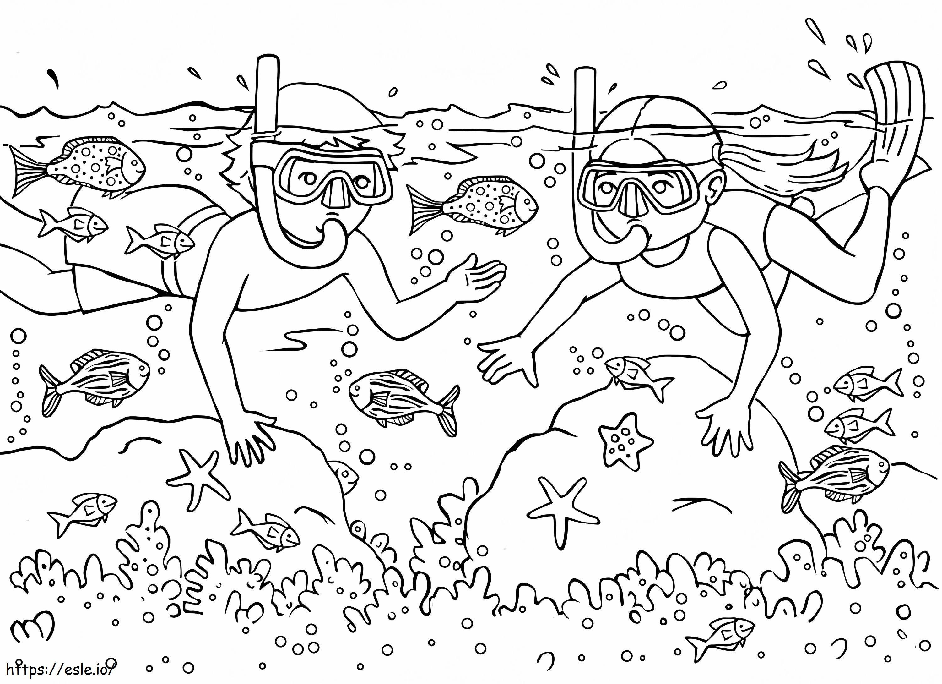 Two Boys Swimming And Fish coloring page