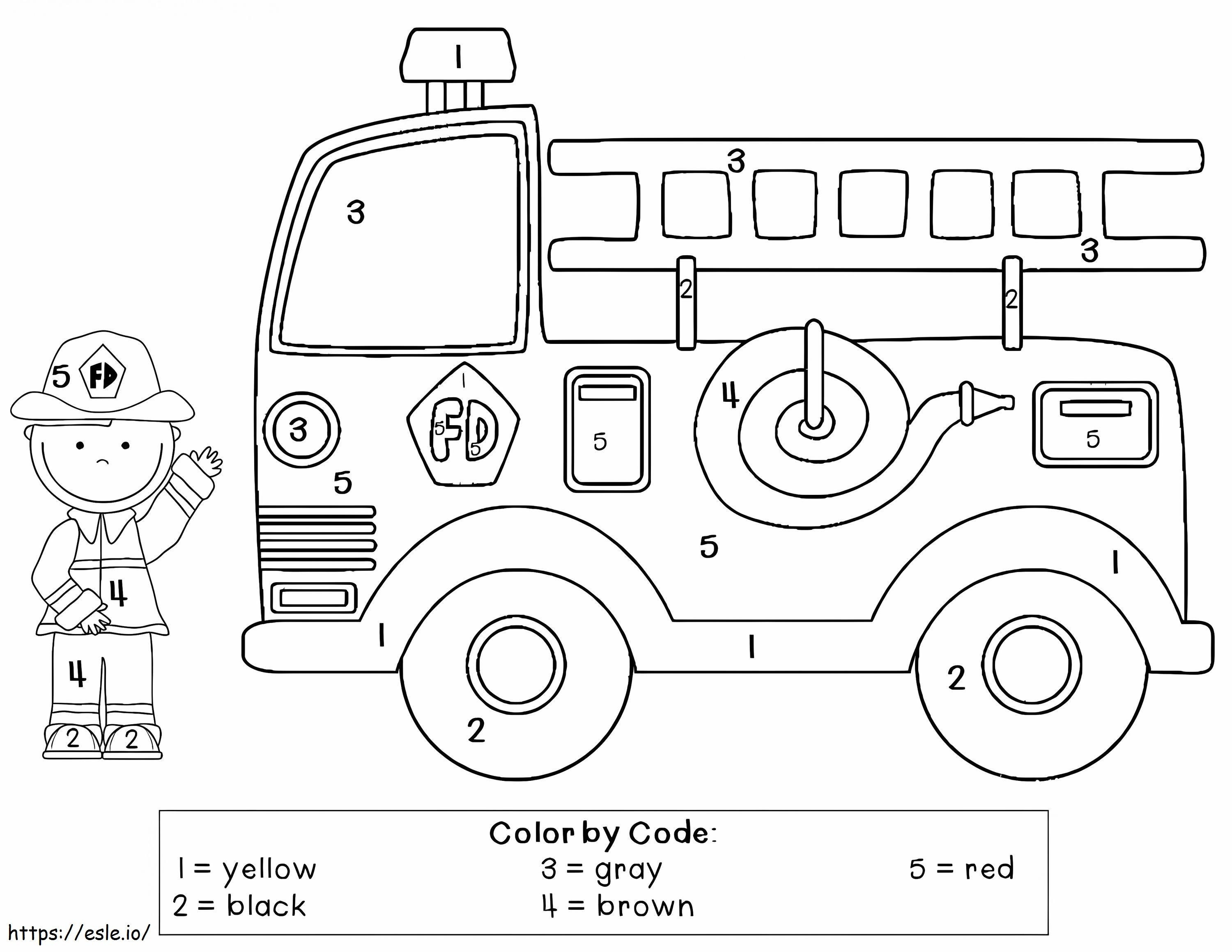 Coloriage Pompier et camion de pompier couleur par numéro à imprimer dessin