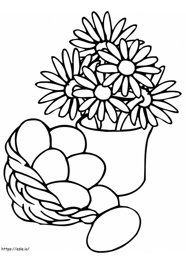 Coloriage Panier de Pâques et vase de fleurs à imprimer dessin